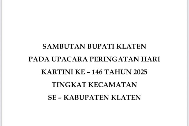 Sambutan Bupati Klaten pada Upacara Peringatan Hari Kartini Ke-146 Tahun 2025 Tingkat Kecamatan Se-Kabupaten Klaten