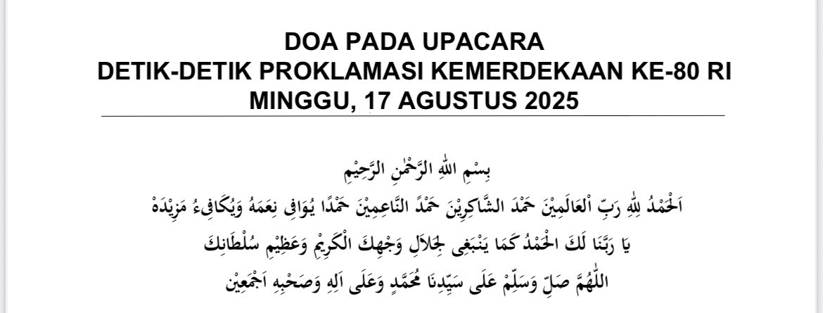 Teks Doa Upacara Detik-Detik Proklamasi Kemerdekaan Ke-80 RI